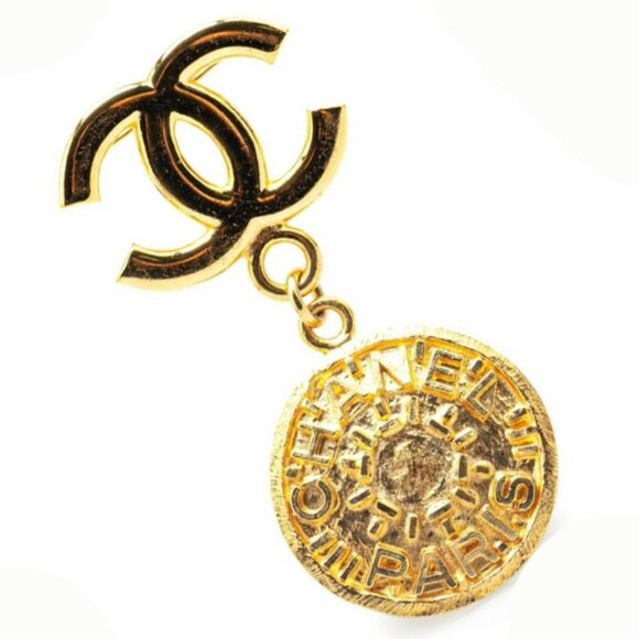 CHANEL CC Logos PARIS Round Brooch Gold Tone Pin 95A Auth w/Box #9174 - Picture 2 of 6